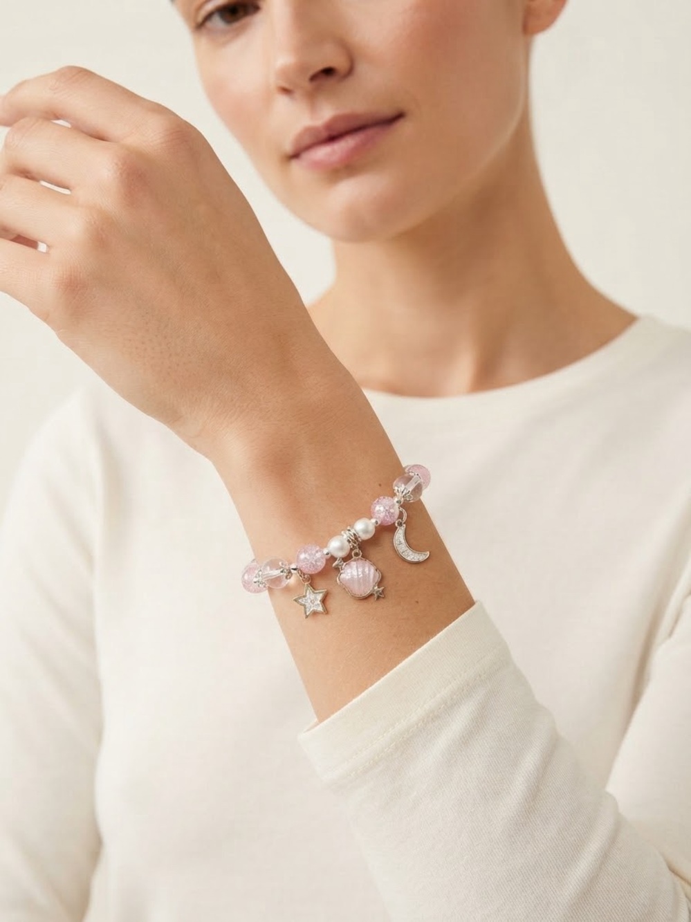 Pink Shell & Moon Charm Beaded Bracelet